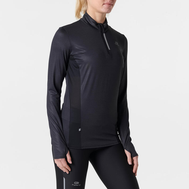 女款跑步長袖拉鍊運動衫Run Dry + - 黑色