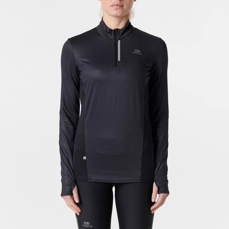 女款跑步長袖拉鍊運動衫Run Dry + - 黑色