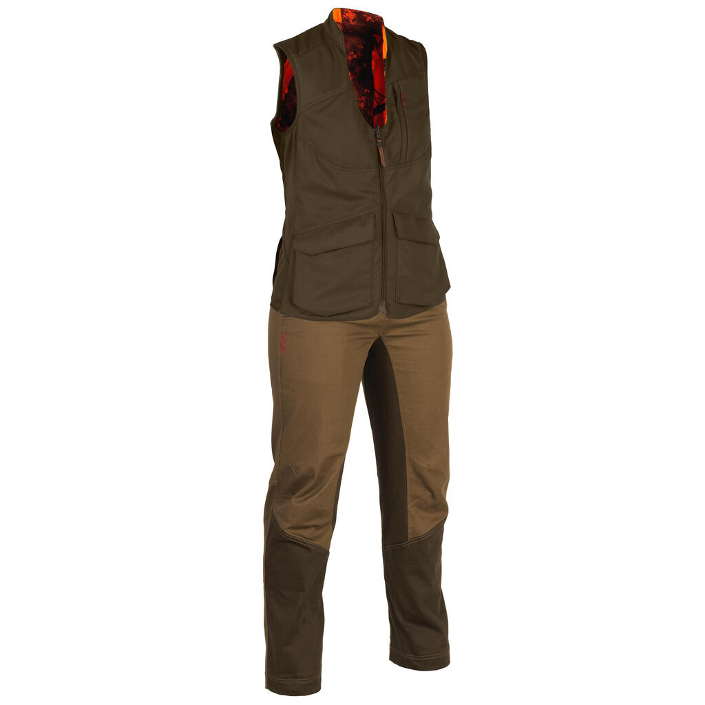 500 Reversible Women's Hunting Waistcoat - Brown/Fluo