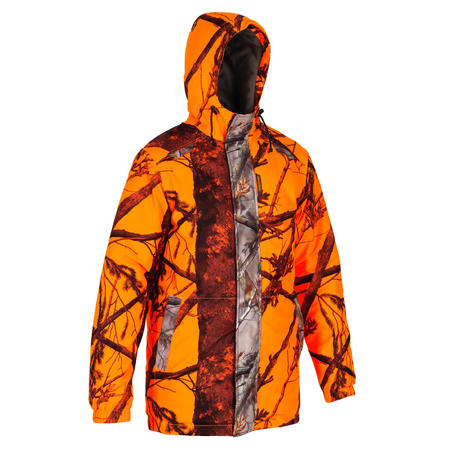 Fluokamuflažna tiha i topla vodootporna jakna za lov 100
