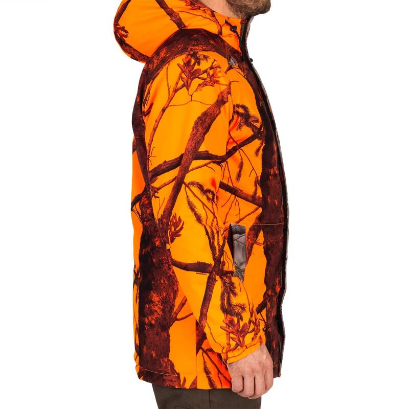 Lovecká bunda nepromokavá hřejivá nešustivá 100 maskovací fluorescenční
