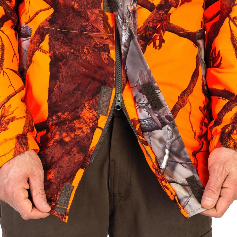 Lovecká bunda nepromokavá hřejivá nešustivá 100 maskovací fluorescenční