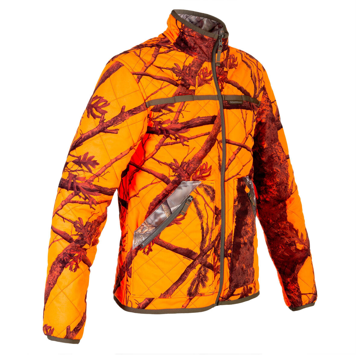 Veste camo fluo d'un coté et camo forêt de l'autre, chaude et silencieuse.