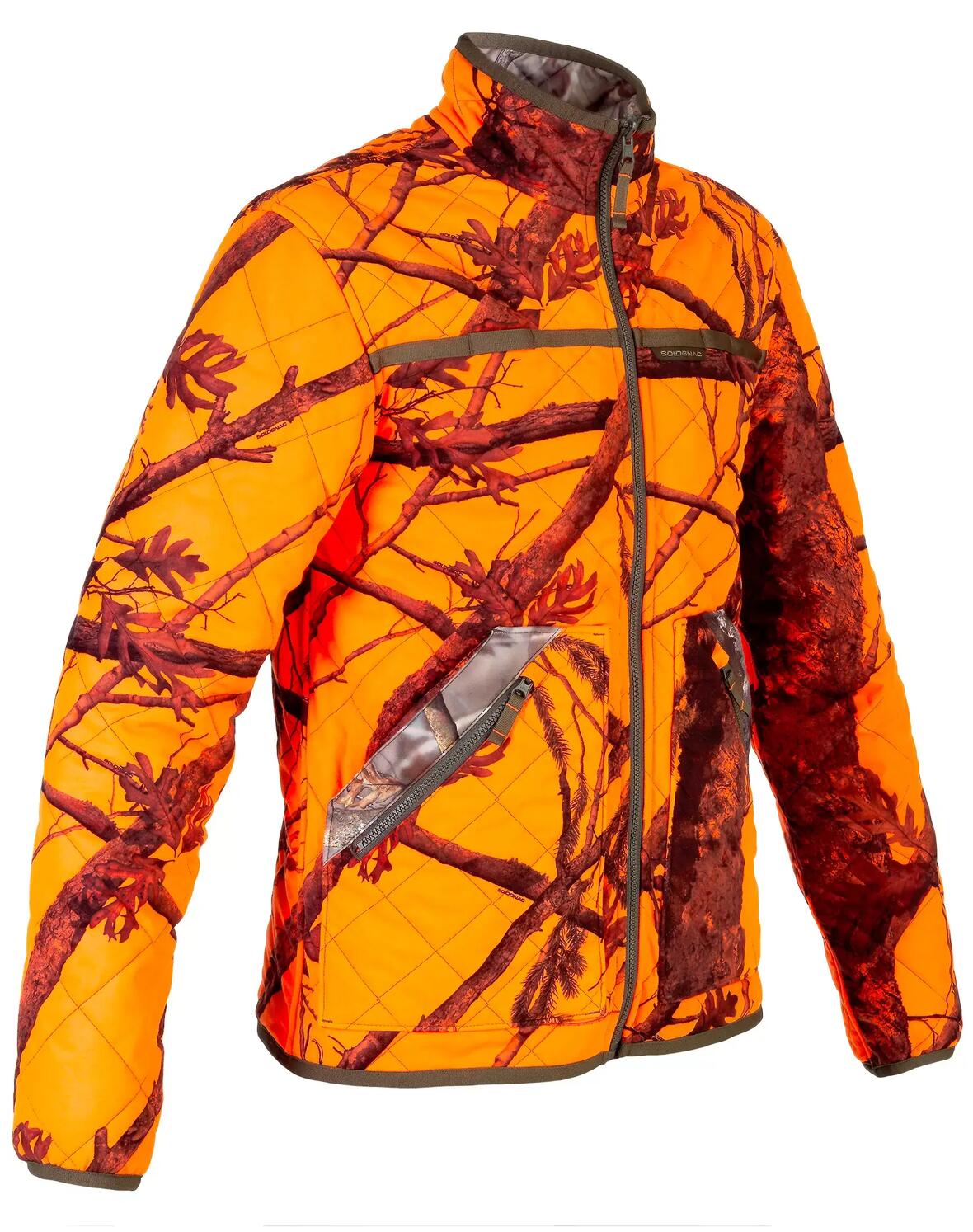 Veste camo fluo d'un coté et camo forêt de l'autre, chaude et silencieuse.