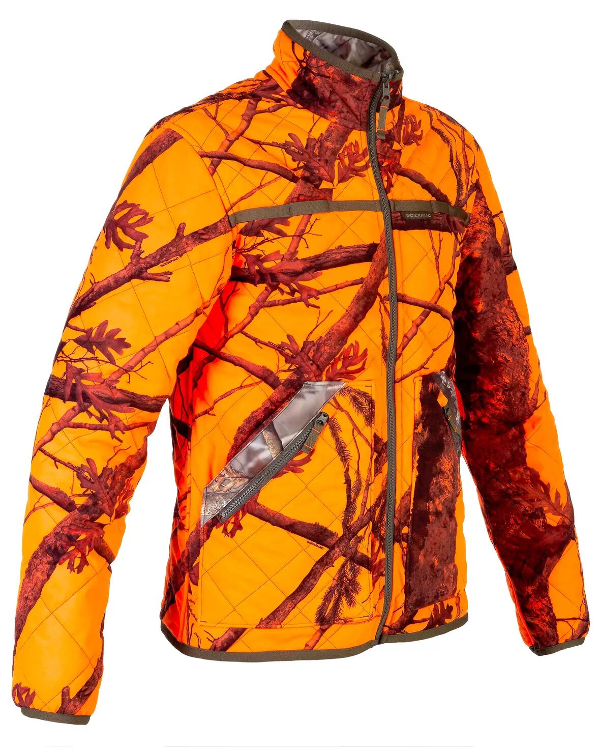 Veste camo fluo d'un coté et camo forêt de l'autre, chaude et silencieuse.