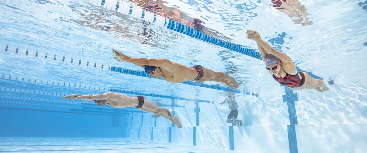 4 nageurs en piscines pendant l'hiver vus de sous l'eau