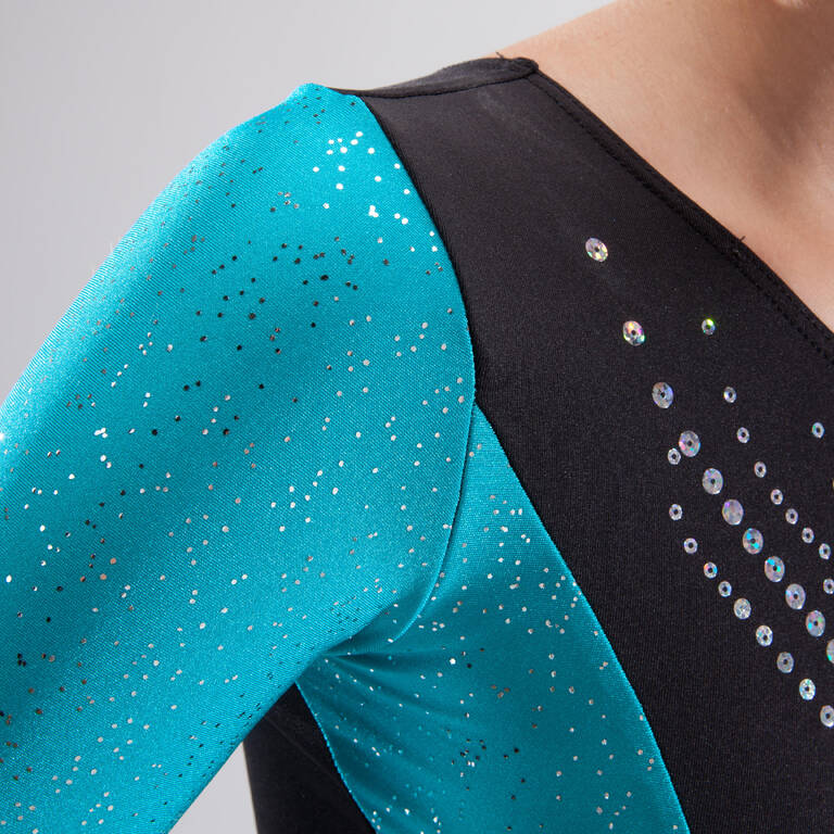 Girls' Artistic Gymnastics Long-Sleeved Leotard - Black/Blue Sequins