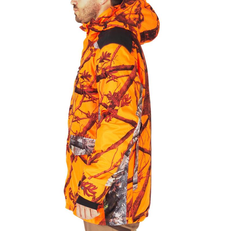 Lovecká nepromokavá hřejivá nešustivá bunda 500 maskovací fluorescenční