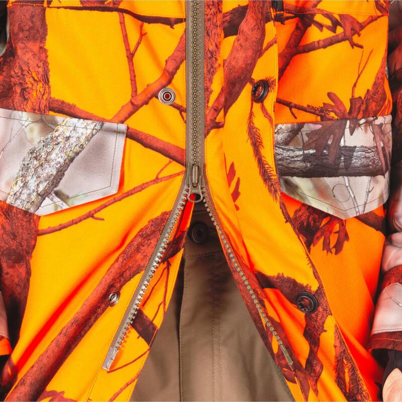 Lovecká hřejivá nepromokavá nešustivá bunda 500 maskovací fluo 