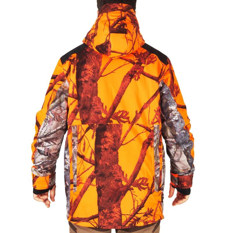 Lovecká nepromokavá hřejivá nešustivá bunda 500 maskovací fluorescenční