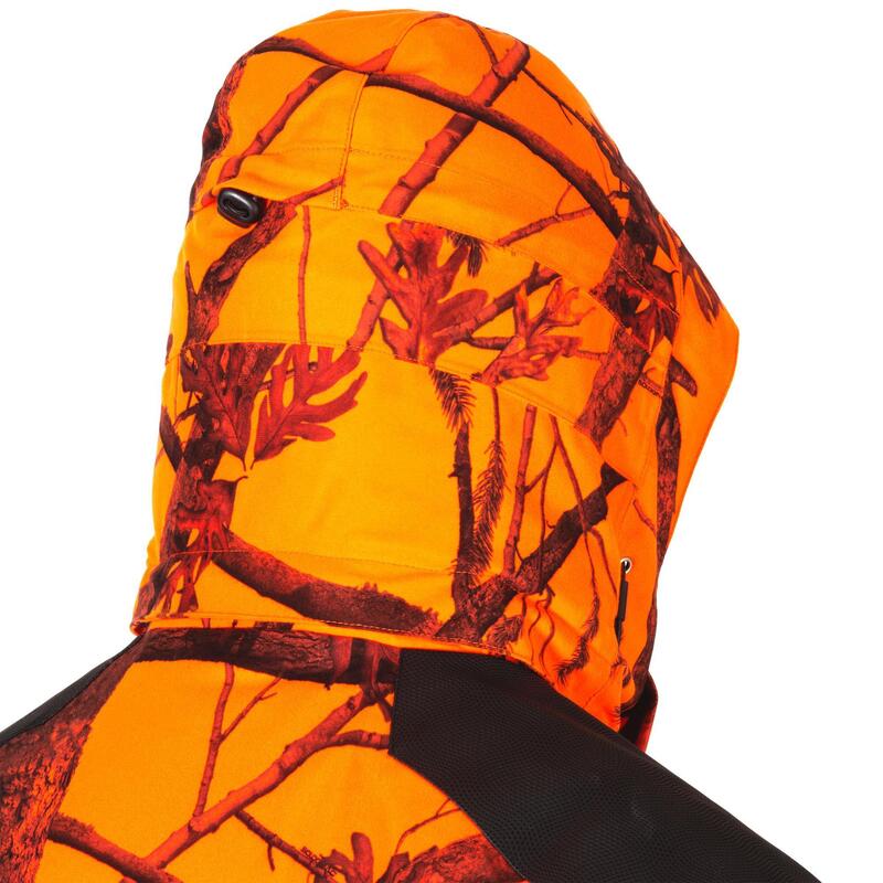 Lovecká hřejivá nepromokavá nešustivá bunda 500 maskovací fluo 