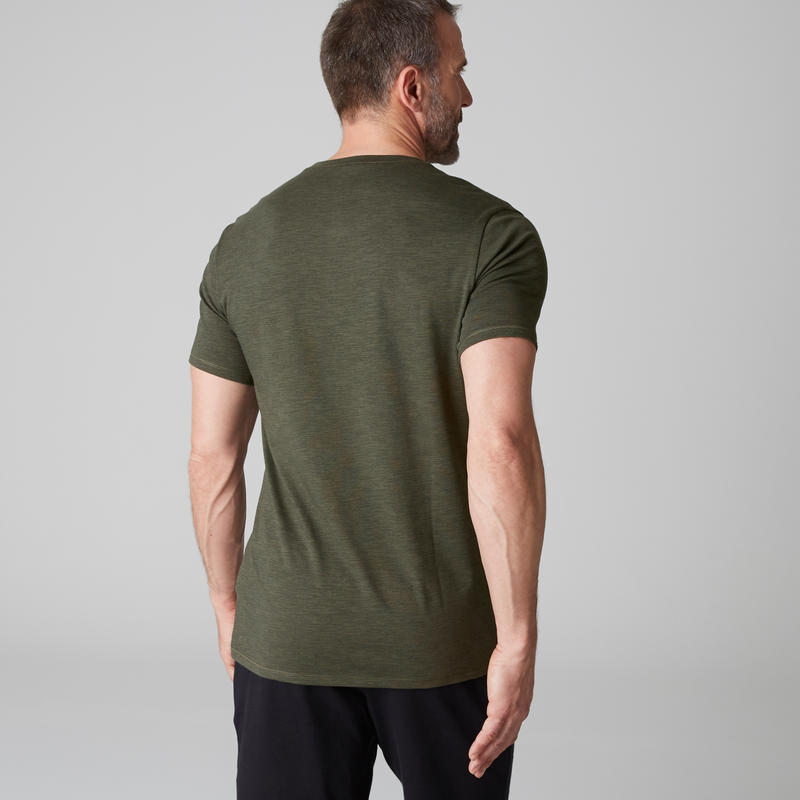 500 Regular Fit Stretching T Shirt Khaki Aop Domyos By Decathlon
