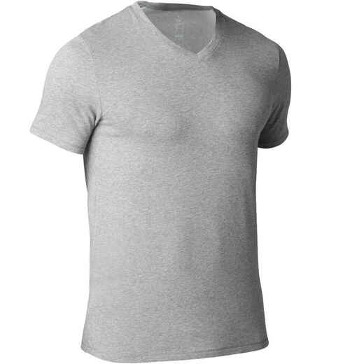 
      Pánske tričko 500 slim s výstrihom do V na cvičenie a pilates sivé 
  