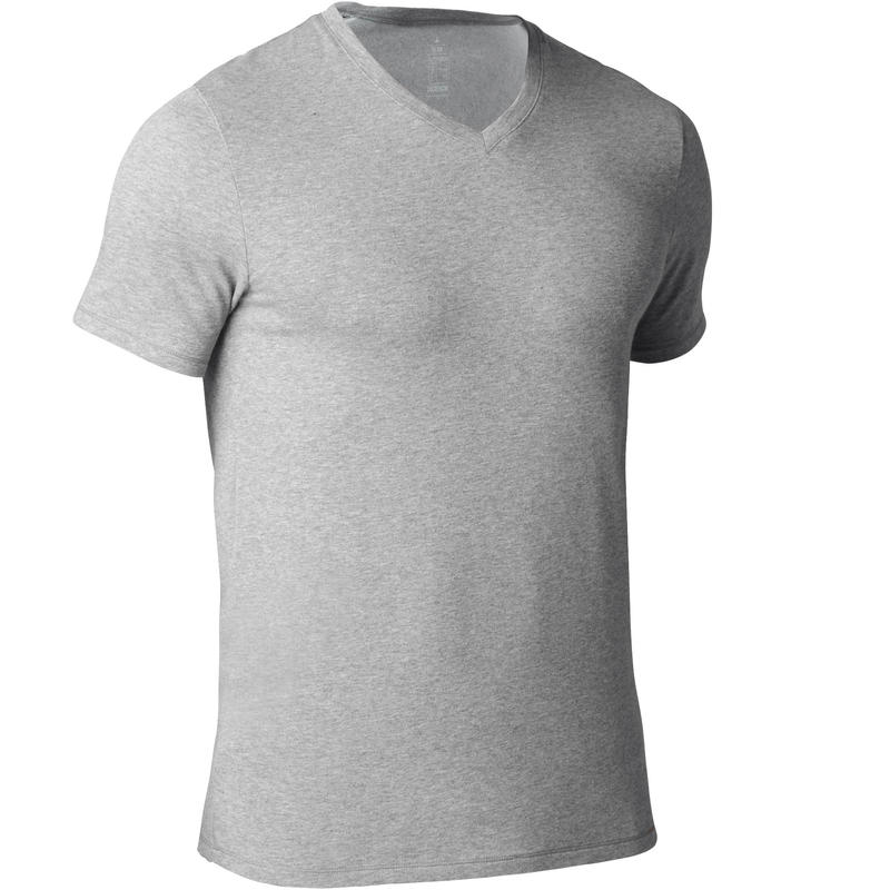 Playera 500 cuello de pico slim pilates y gimnasia suave hombre gris claro Playera 500 cuello de pico slim pilates y gimnasia suave hombre gris claro