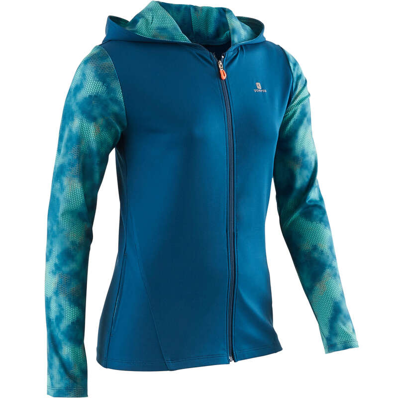DOMYOS S900 Girls' Hooded Gym Jacket Blue Print Decathlon
