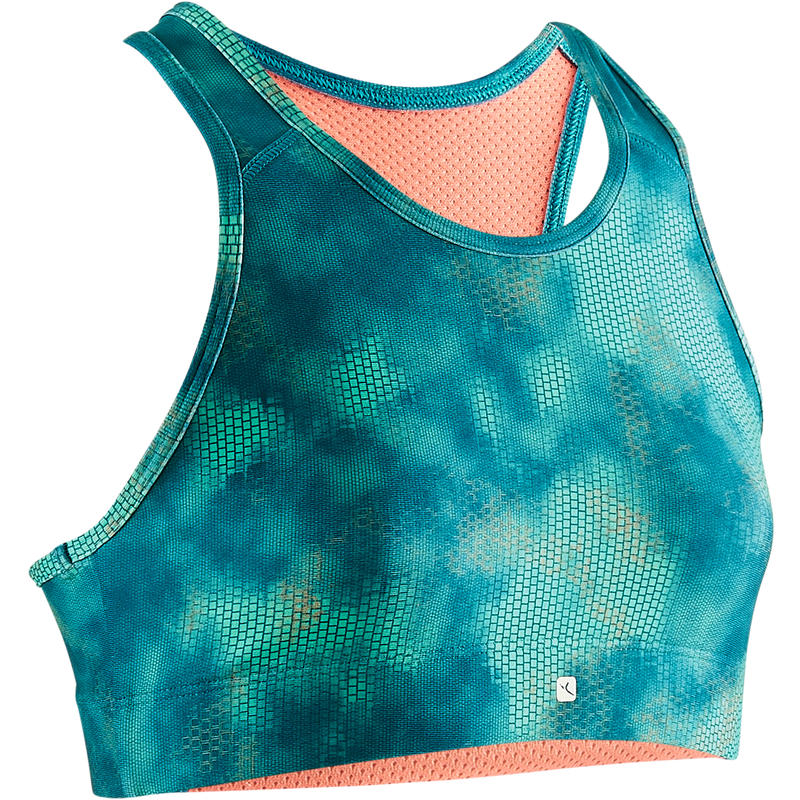 S900 Girls Gym Crop Top Green Blue Print Domyos By Decathlon