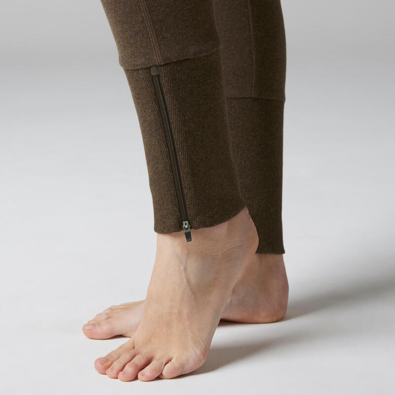 Pantalon 500 slim bas zippé Gym Stretching femme marron chiné