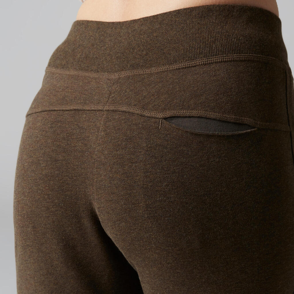 Pantalon 500 slim bas zippé Gym Stretching femme marron chiné