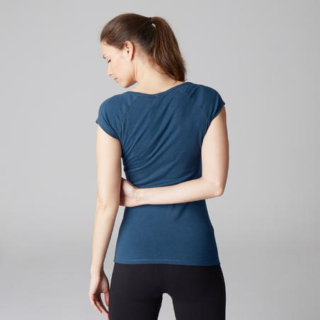 T-shirt 500 slim Gym Stretching femme bleu foncé