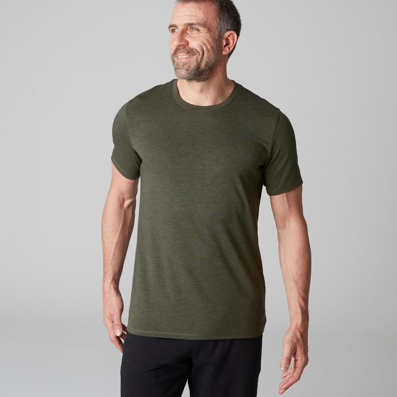 500 Regular Fit Stretching T Shirt Khaki Aop Domyos By Decathlon