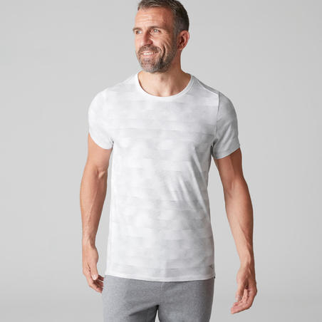 T-shirt 520 slim col rond Gym Stretching homme blanc AOP