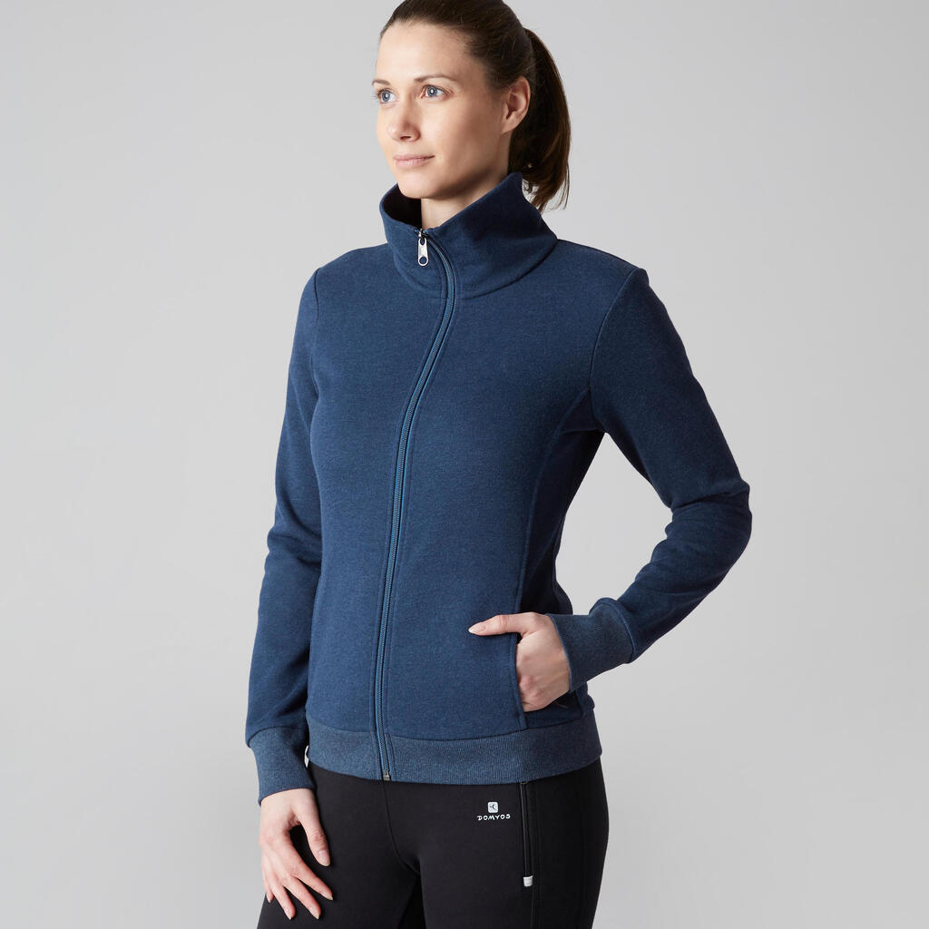 Trainingsjacke 500 Gym Stretching Stehkragen Damen blau meliert