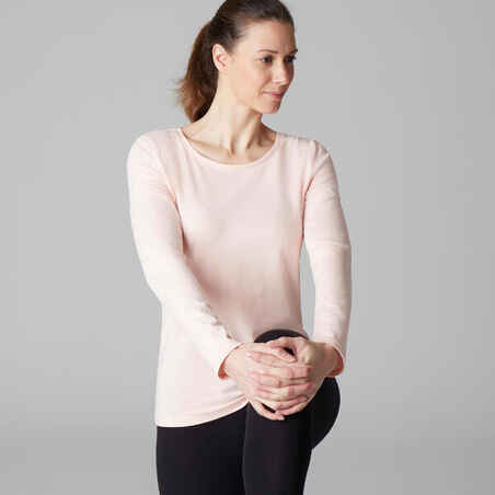 100 Women's Long-Sleeved Pilates & Gentle Gym T-Shirt - Light Pink