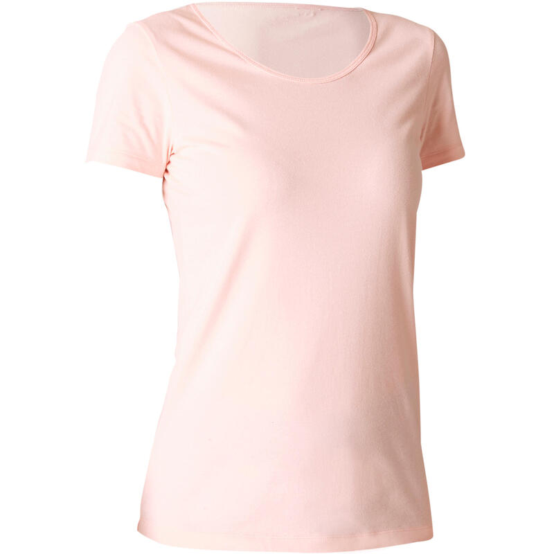 Women's Short-Sleeved Straight-Cut Crew Neck Cotton Fitness T-Shirt 100 - Pink