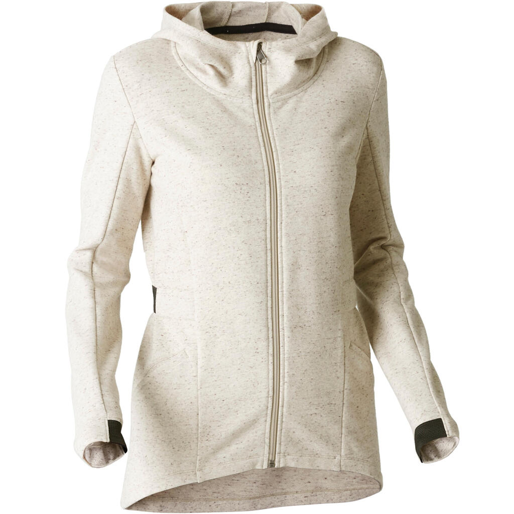 Veste longue 500 capuche Gym Stretching femme beige