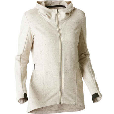 500 Women's Long Hooded Gym Stretching Jacket - Beige