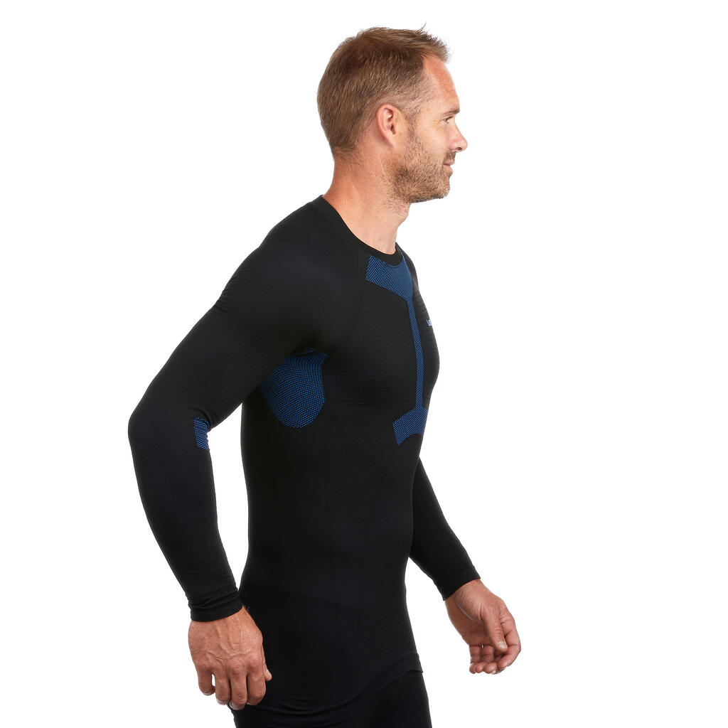 Men’s soft and seamless ski base layer top BL 500 - Black / Blue