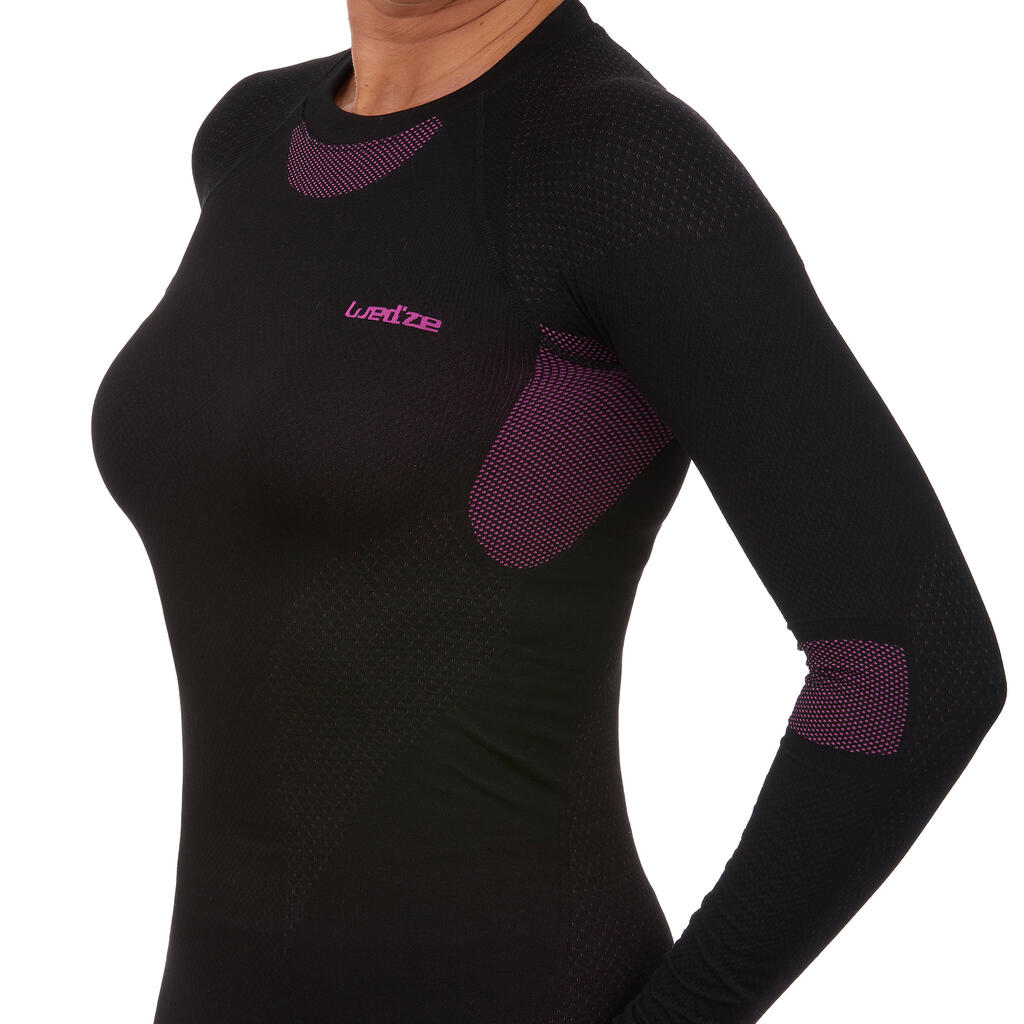 Women’s soft and seamless thermal ski base layer top BL 500 - Black / Purple