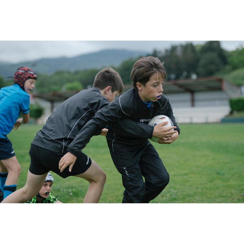Pantalón Cortaviento Impermeable Lluvia Rugby Offload R500 niños Negro