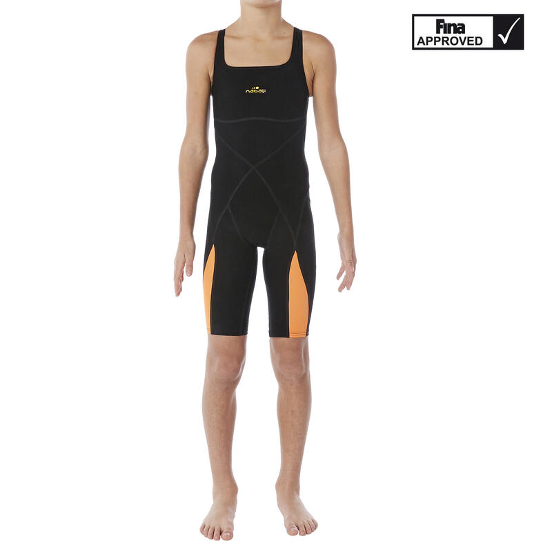 Badpak voor wedstrijdzwemmen meisjes Fina oranje/zwart