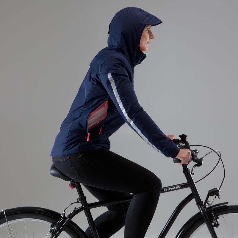 Warme regenjas voor op de fiets 900 dames marineblauw
