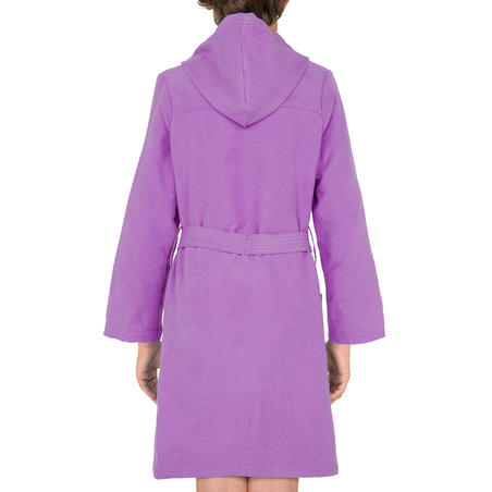 Purple kid's microfibre bathrobe with a hood, pockets and a belt