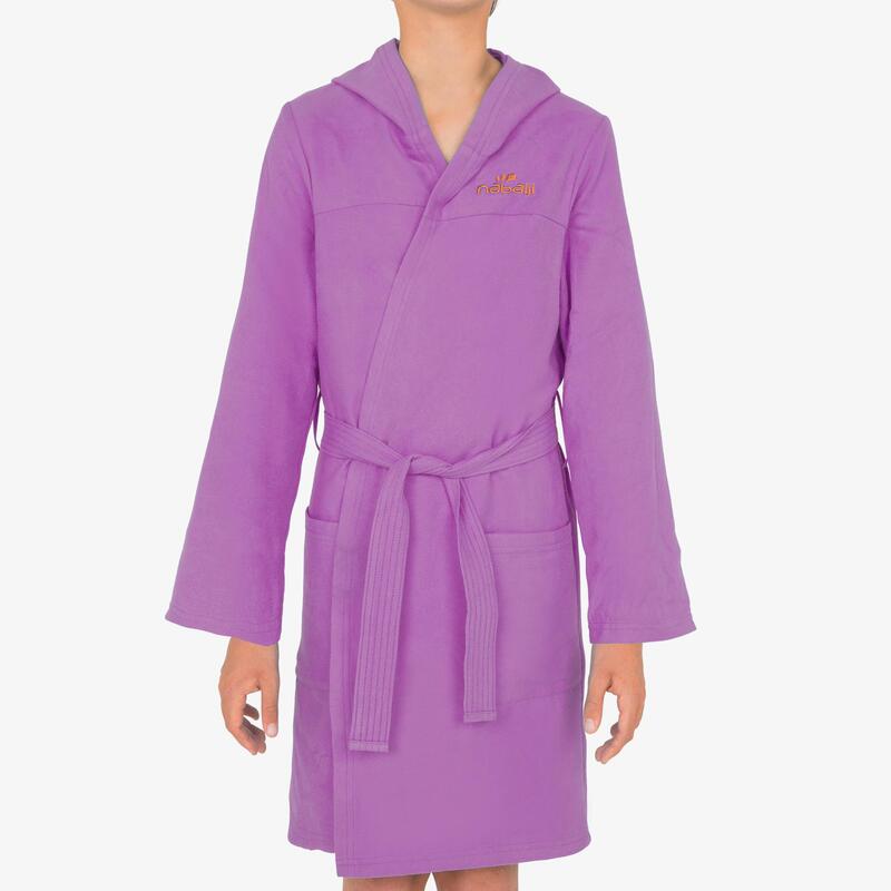 Peignoir enfant microfibre violet avec capuche, poches et ceinture