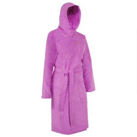 Purple kid's microfibre bathrobe with a hood, pockets and a belt
