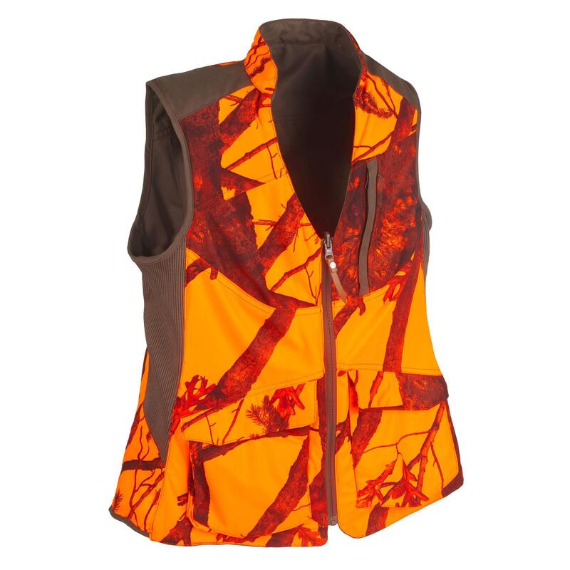 Chaleco Caza Solognac 500 Mujer Reversible Marron- Camuflaje Naranja Fluo