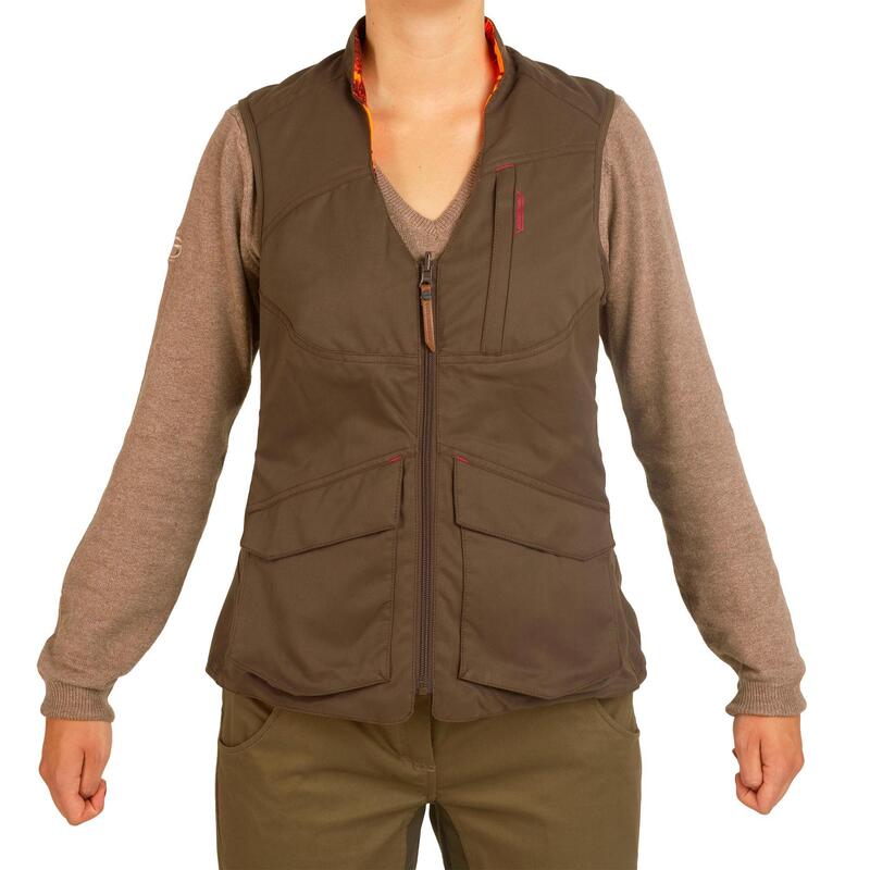 GILET CHASSE FEMME REVERSIBLE 500 MARRON / CAMOUFLAGE FLUO