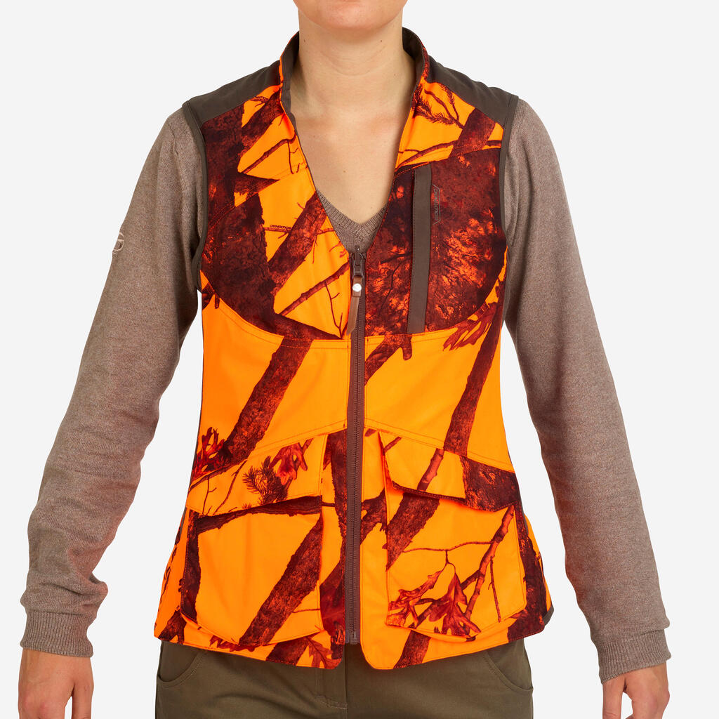 Sieviešu abpusēja medību veste “500”, brūna, kamuflāžas, fluorescējoša
