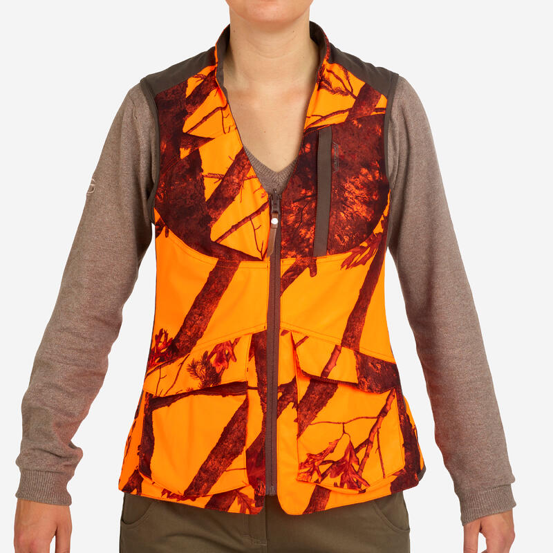 GILET CHASSE FEMME REVERSIBLE 500 MARRON / CAMOUFLAGE FLUO
