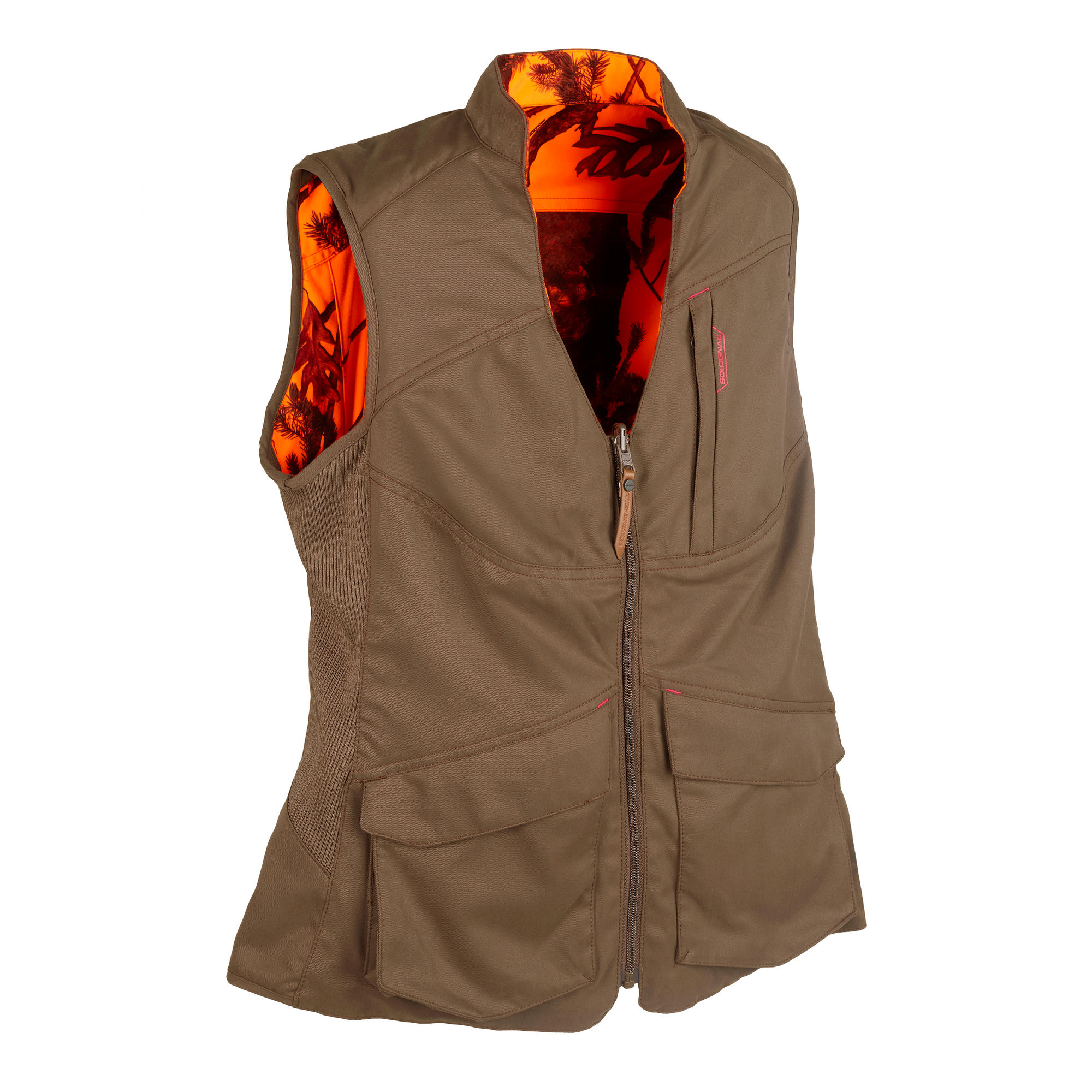 GILET CHASSE FEMME REVERSIBLE 500 MARRON / CAMOUFLAGE FLUO ...