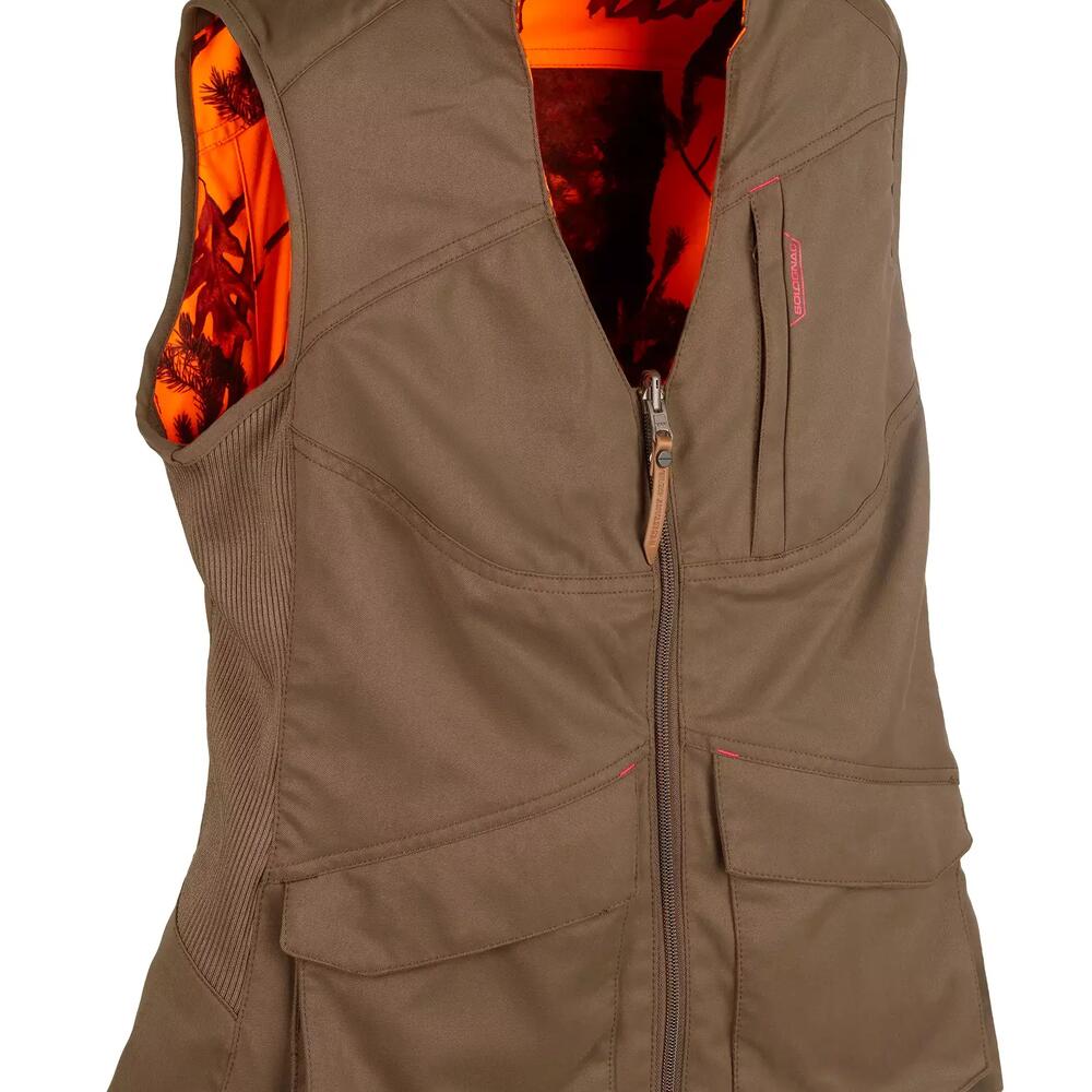 GILET CHASSE FEMME REVERSIBLE 500 MARRON CAMOUFLAGE FLUO SOLOGNAC