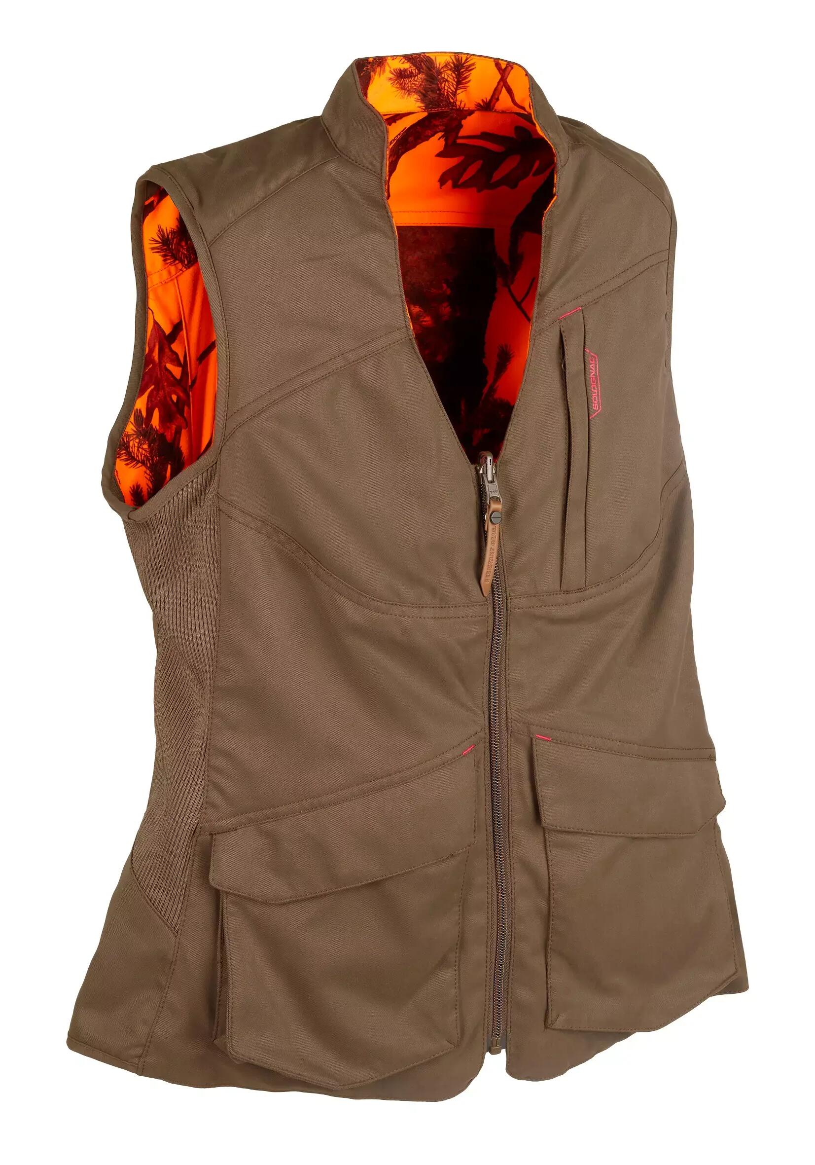 GILET CHASSE FEMME REVERSIBLE 500 MARRON CAMOUFLAGE FLUO SOLOGNAC