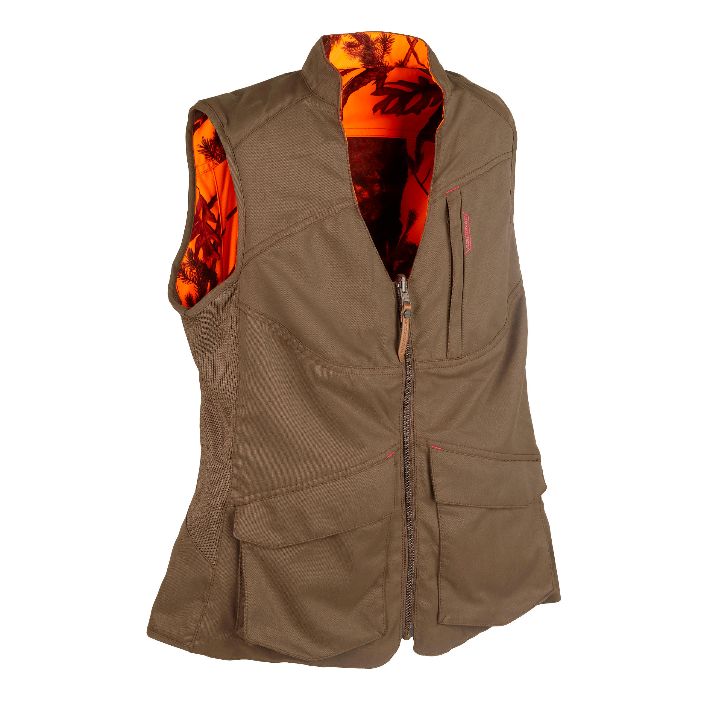 gilet chasse femme reversible 500 marron / camouflage fluo - solognac