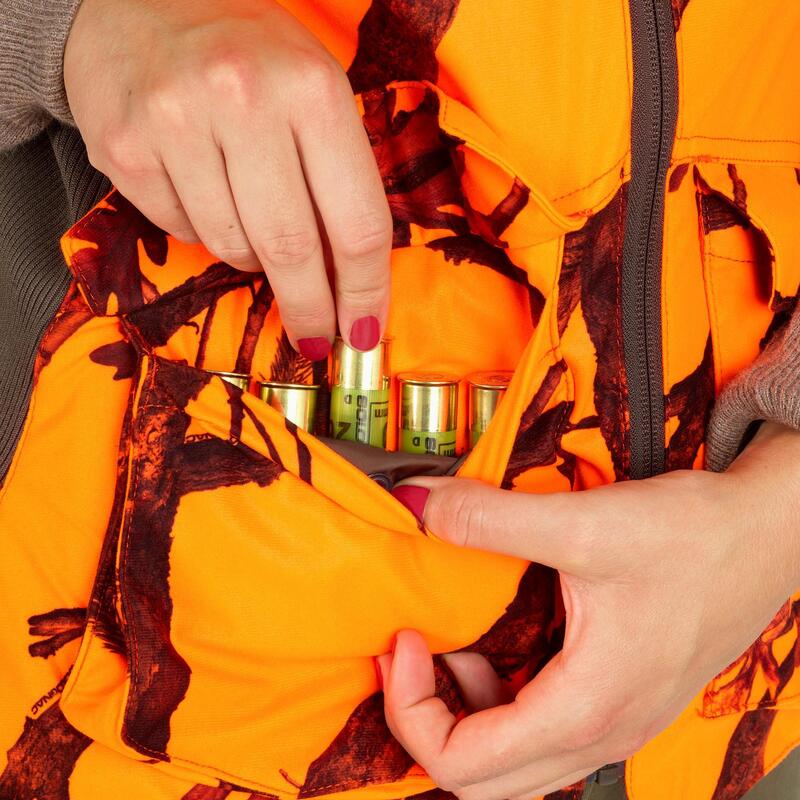 Dámská lovecká vesta 500 oboustranná hnědo-fluorescenční maskovací
