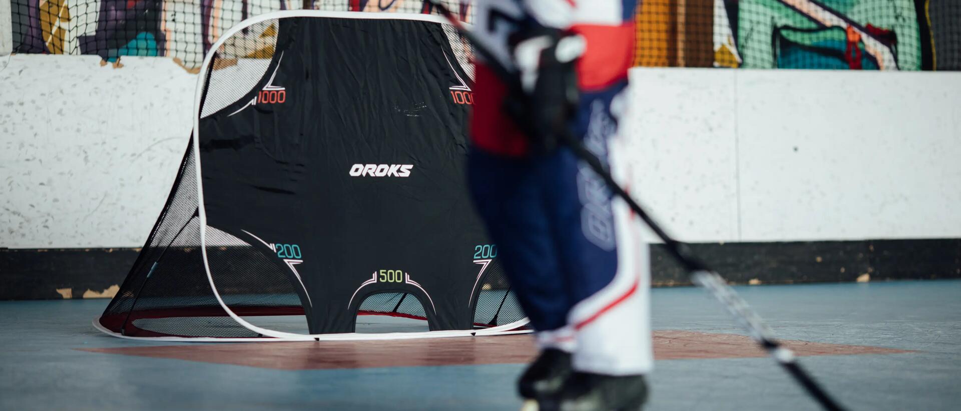 Player with hockey stick standing near goal