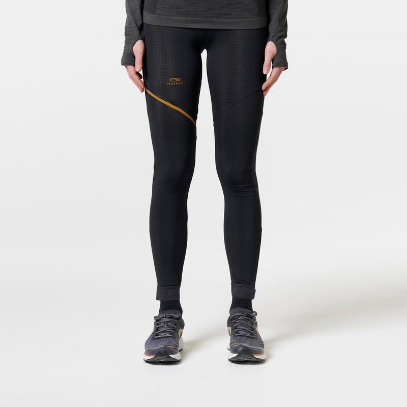 Kiprun Warm Women's Running Tights Black Gold Decathlon