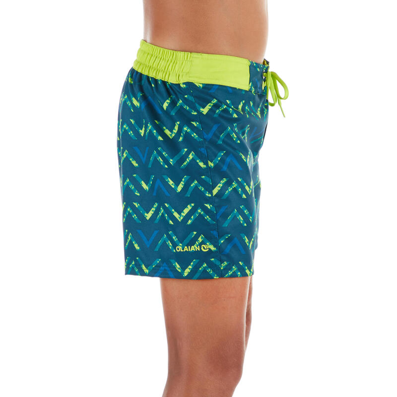 Kurze Boardshorts Surfen 500 Tropy Kinder grün mit Print OLAIAN DECATHLON